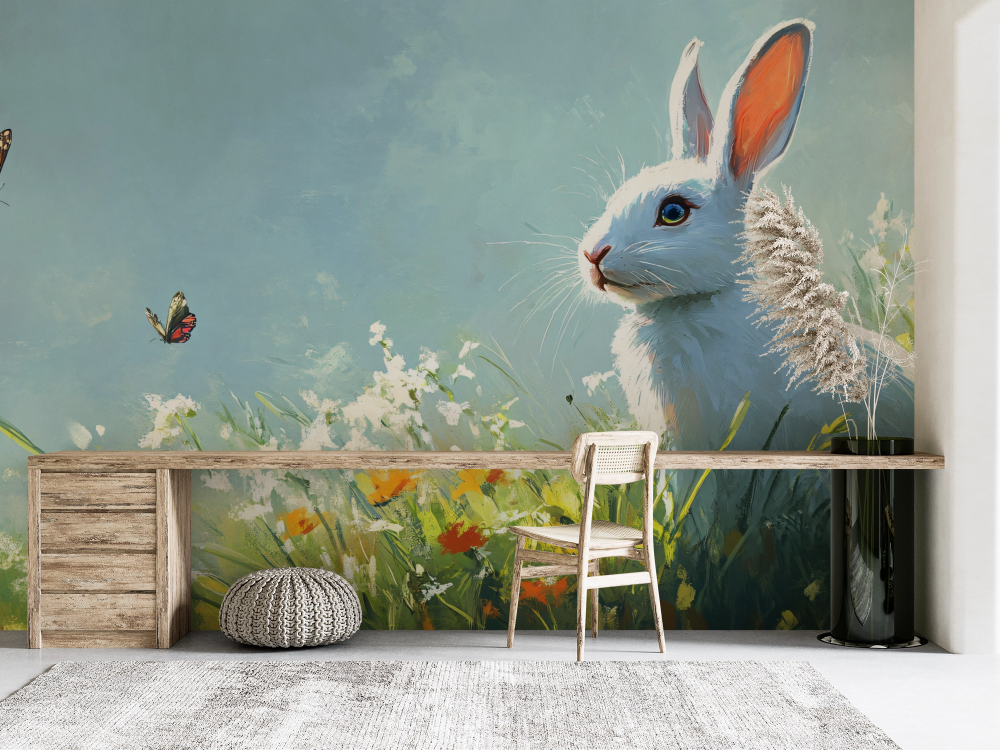 Papier peint animaux - petit lapin blanc dans un champ fleuri