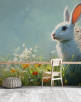 Papier peint animaux - petit lapin blanc dans un champ fleuri