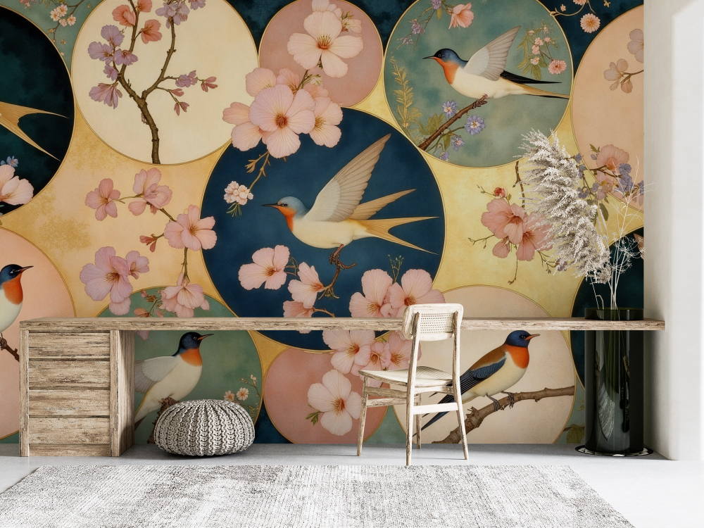 Papier peint animaux - médaillons rétro d'oiseaux et fleurs de cerisier
