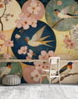 Papier peint animaux - médaillons rétro d'oiseaux et fleurs de cerisier