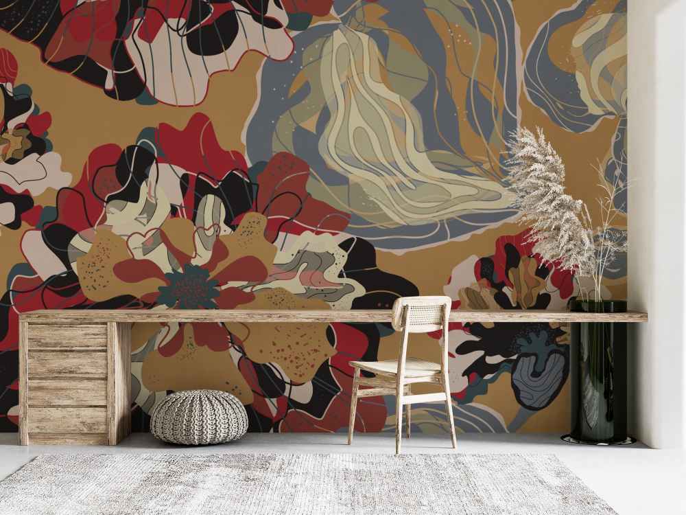 Papier peint nature - motifs de feuilles rousses et fleurs d'antan