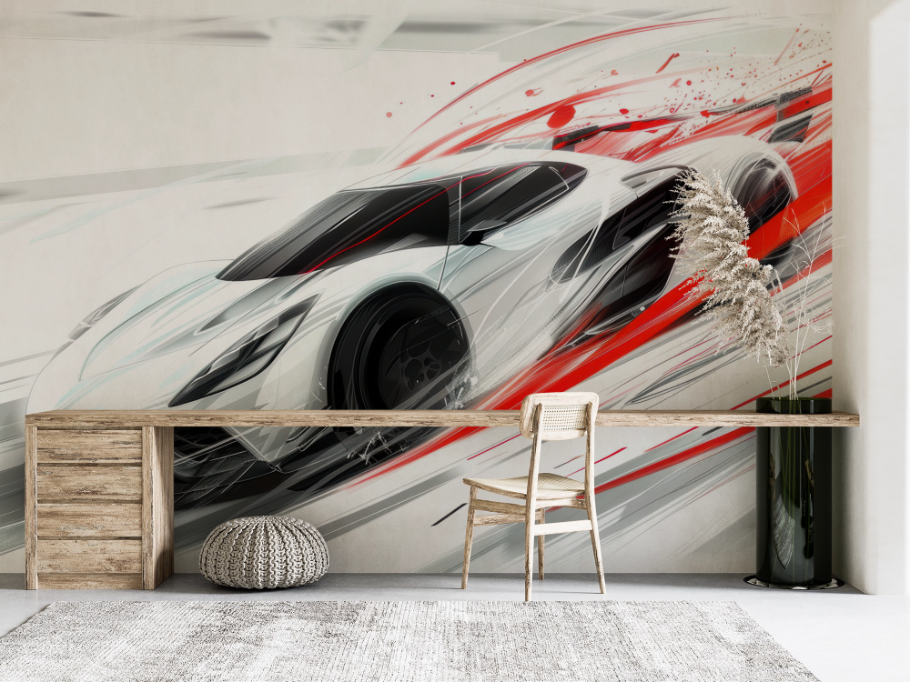 Papier peint voitures - bolide de course futuriste blanc et rouge