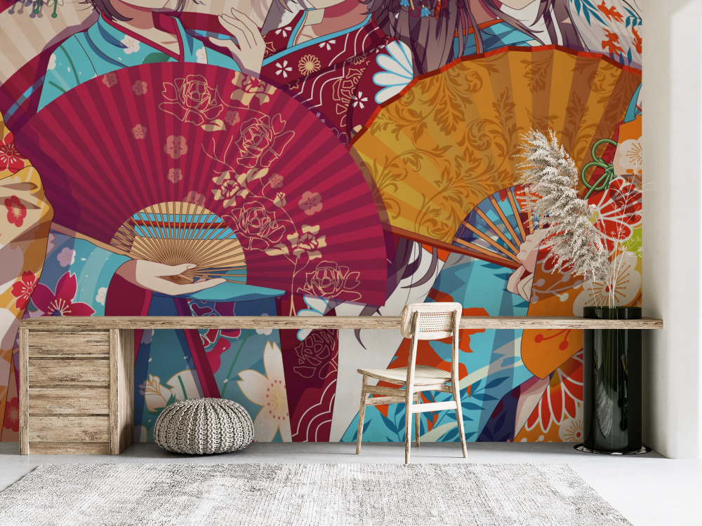 Papier peint nature - éventails japonais traditionnels colorés