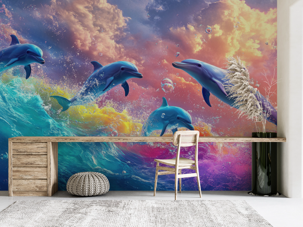 Papier peint animaux - dauphins jouant dans des vagues multicolores