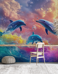 Papier peint animaux - dauphins jouant dans des vagues multicolores