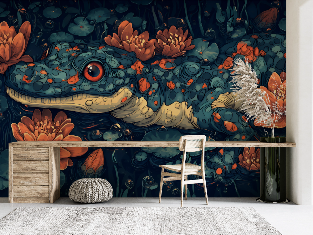 Papier peint animaux - crocodile caché parmi les lotus orange