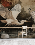 Papier peint animaux - aigrettes blanches au bord de l'eau style estampe