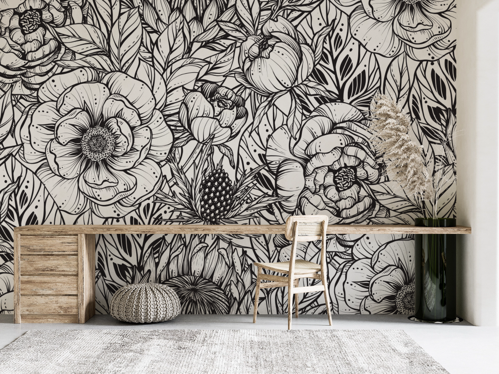 Papier peint nature - parterre de roses en noir et blanc