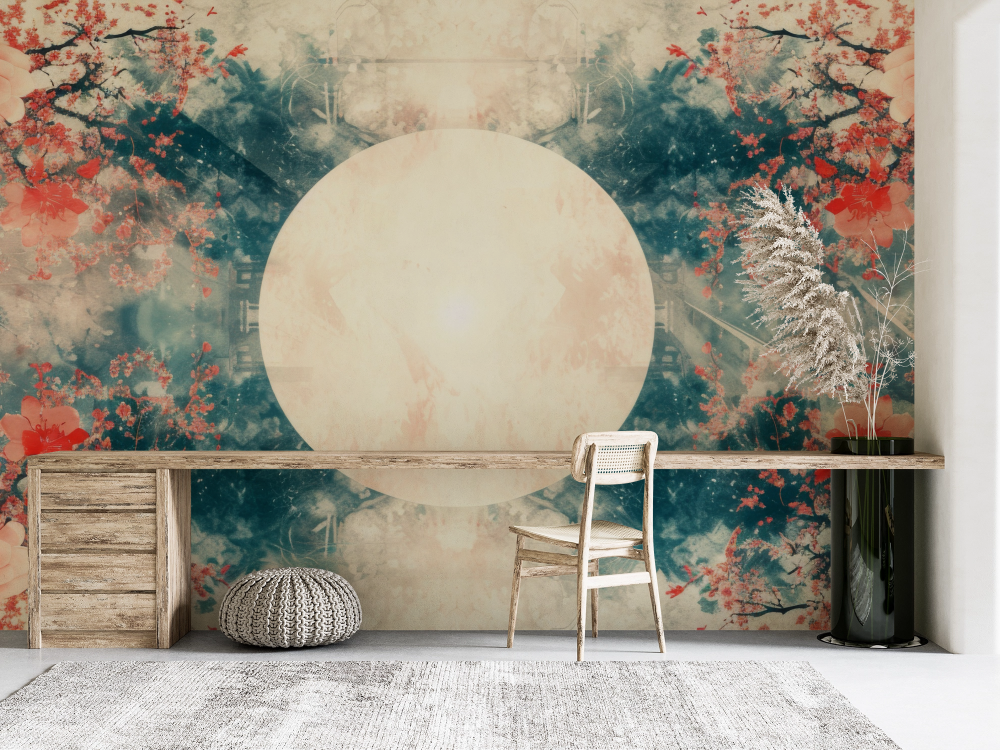 Papier peint nature - pleine lune mystique et fleurs de cerisier rouges