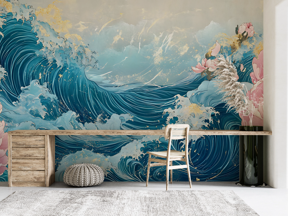 Papier peint nature - grande vague japonaise et pivoines roses