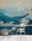 Papier peint nature - grande vague japonaise et pivoines roses