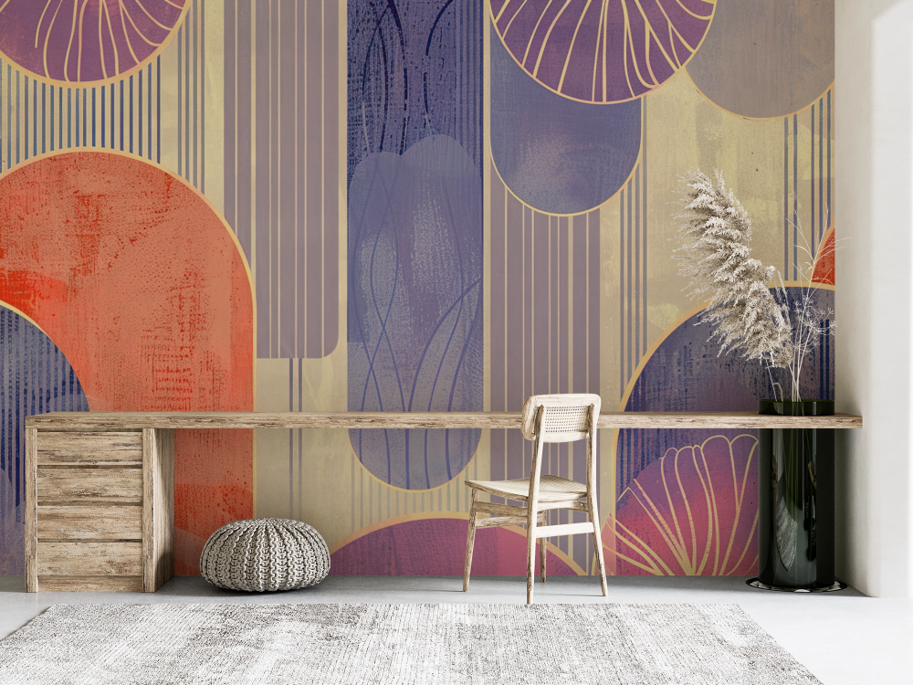 Papier peint géométrique - arches art déco orange et violettes