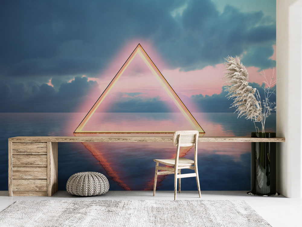Papier peint nature - triangle lumineux doré au-dessus de l'océan