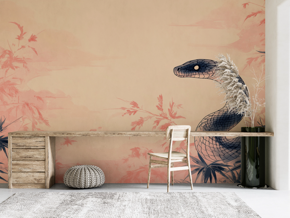 Papier peint animaux - serpent noir dans les buissons roses