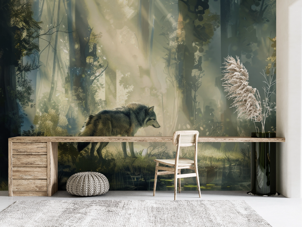 Papier peint animaux - loup rôdant dans les bois sombre