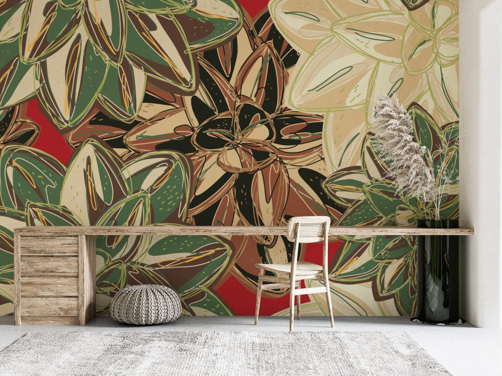 Papier peint nature - feuillage et fleurs d'antan dorées