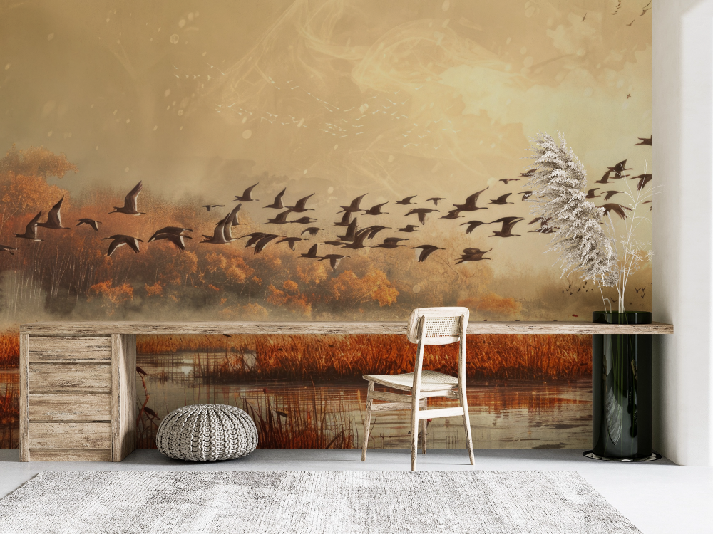 Papier peint animaux - oiseaux migrateurs au coucher du soleil