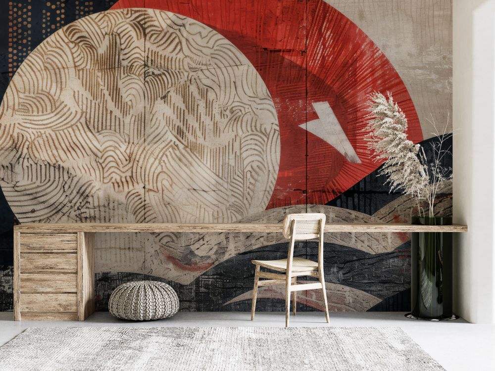 Papier peint nature - lune et vagues abstraites style japonais