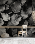 Papier peint nature - feuilles de forêt en noir et blanc
