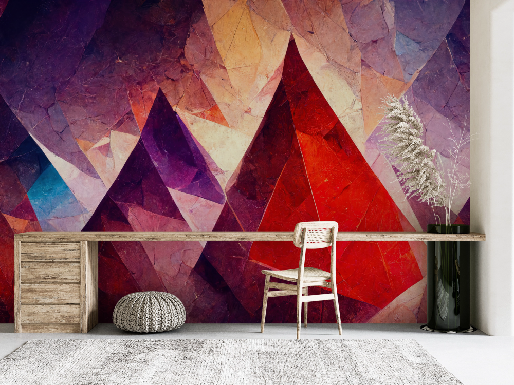 Papier peint géométrique - sommets de montagnes facettés violet et rouge