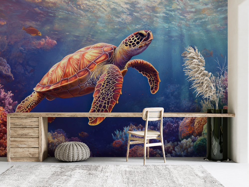 Papier peint animaux - tortue marine glissant dans l'océan azur