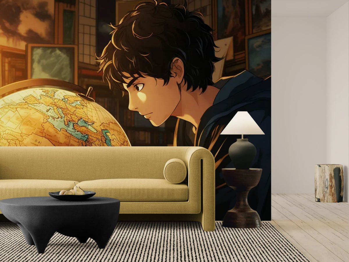 Papier peint enfant - Garçon devant un globe terrestre