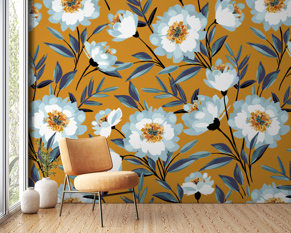 Papier peint fleuri - marguerites ocre rétro