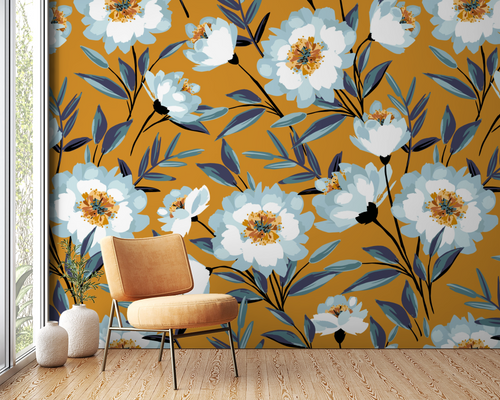 Floral wallpaper - retro ocher daisies