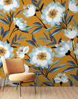 Papier peint fleuri - marguerites ocre rétro