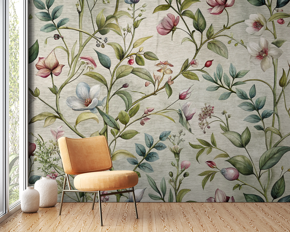 Papier peint fleuri - feuillage champêtre moderne