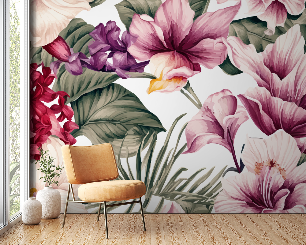 Papier peint fleuri - roses pourpres baroques