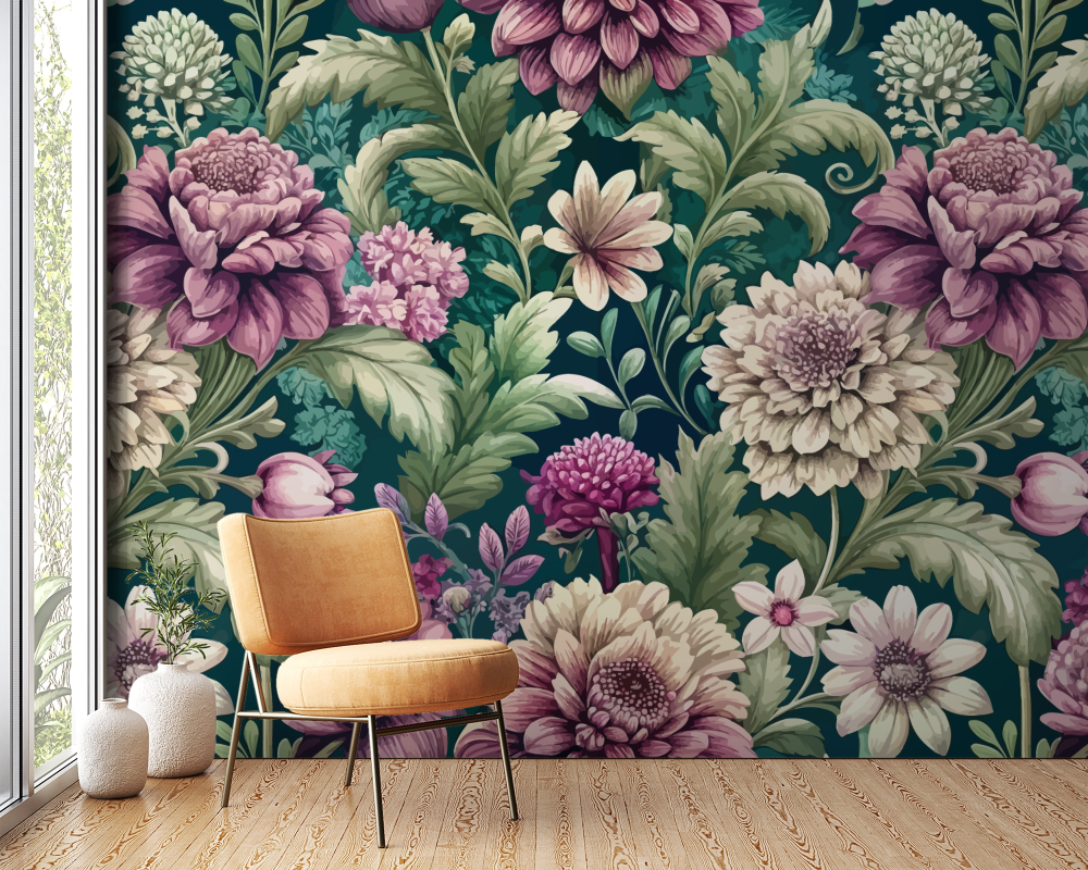 Papier peint fleuri - dahlias champêtres vintage
