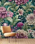 Papier peint fleuri - dahlias champêtres vintage