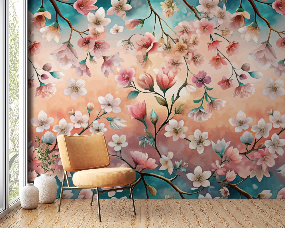 Papier peint fleuri - cerisier vintage pastel