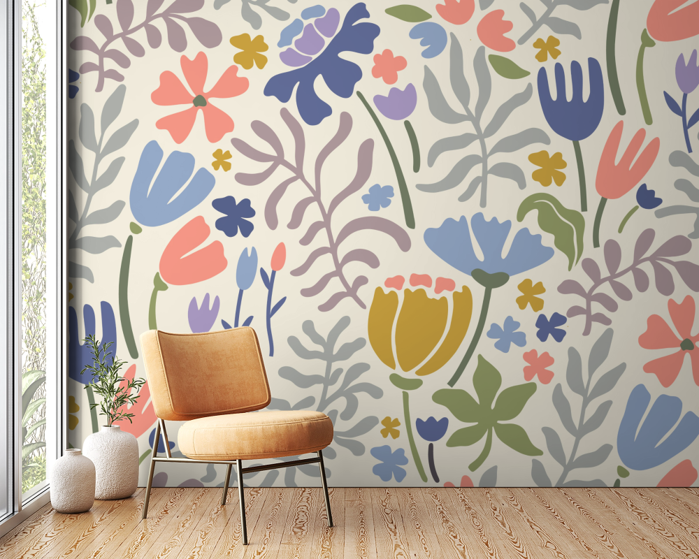 Papier peint fleuri - fleurs stylisées moutarde