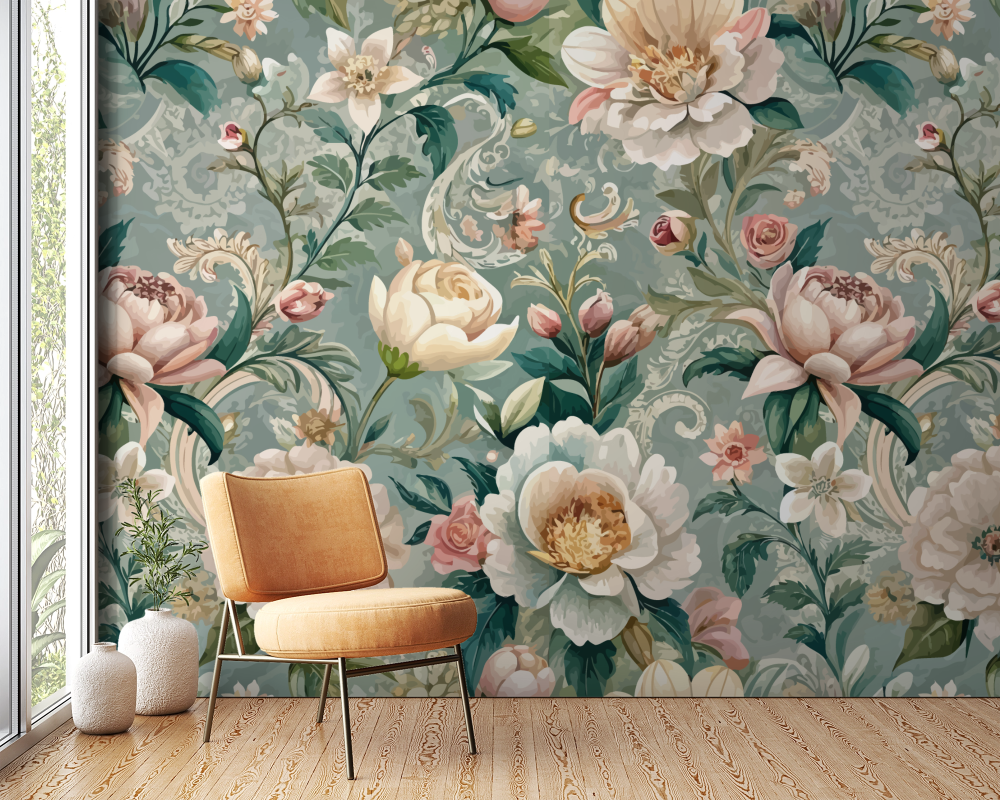 Papier peint fleuri - style damas classique