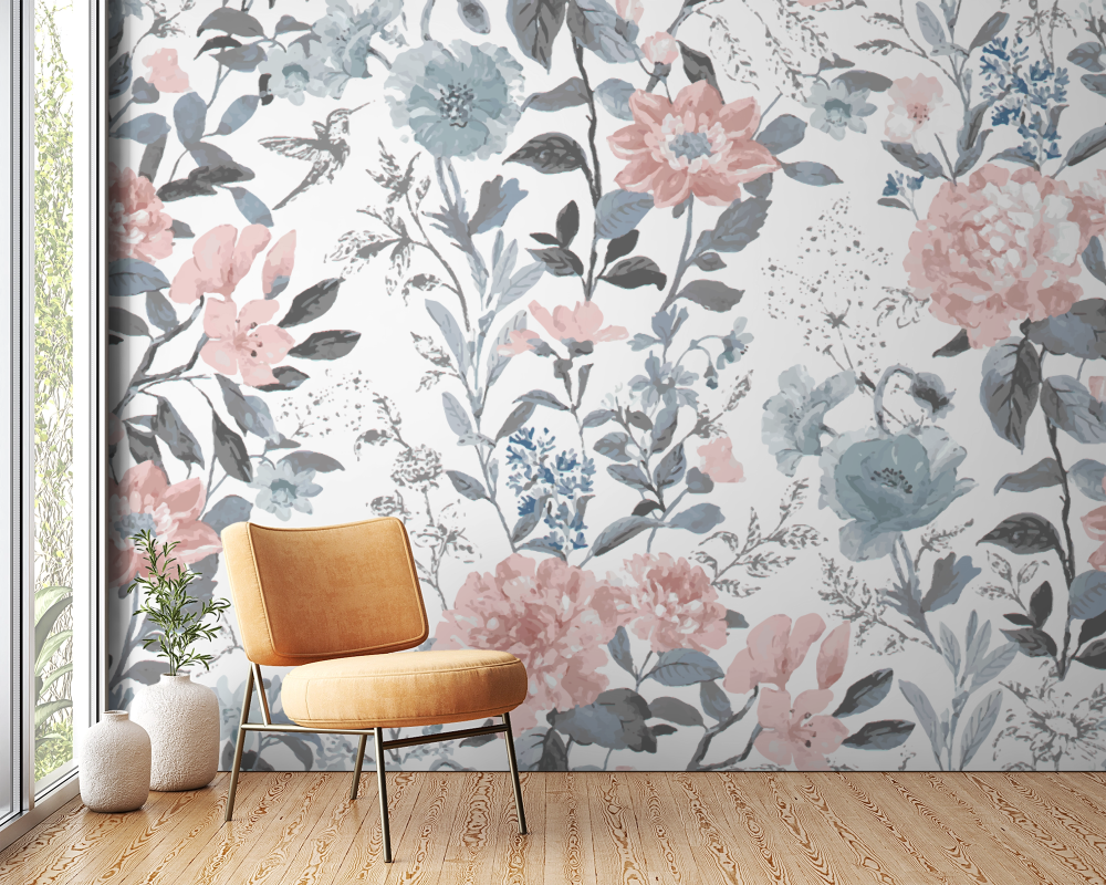 Papier peint fleuri - dahlia vintage pastel