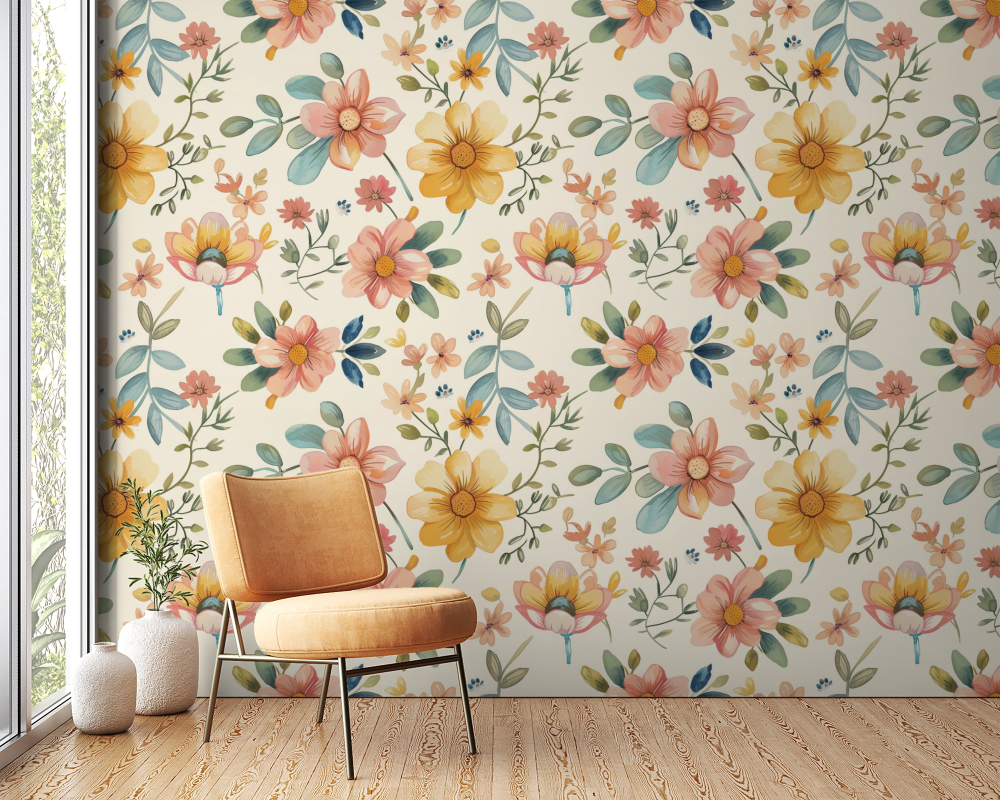 Papier peint fleuri - millefleurs jaune rétro