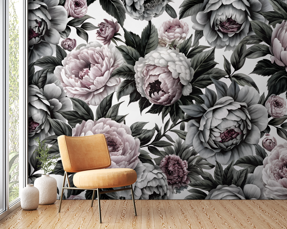 Papier peint fleuri - pivoines rétro grises