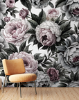 Papier peint fleuri - pivoines rétro grises