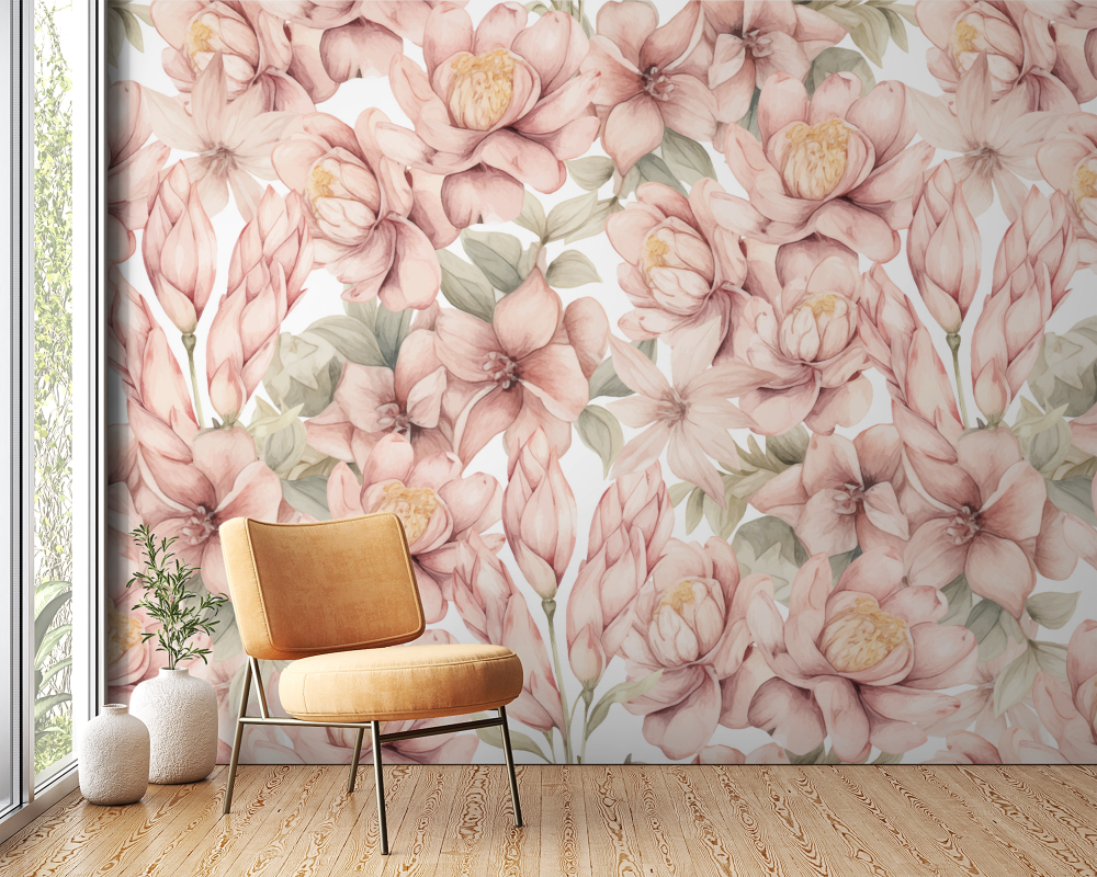 Papier peint fleuri - pivoines roses aquarelle