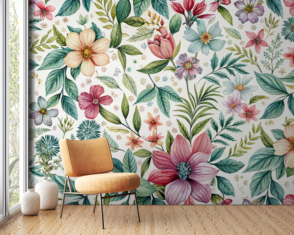 Papier peint fleuri - tulipes champêtres modernes
