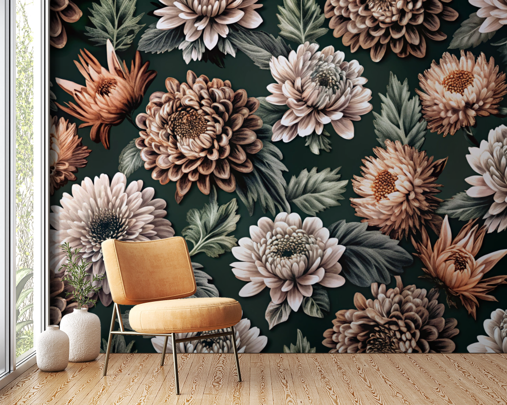 Papier peint fleuri - chrysanthèmes rétro sombres
