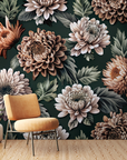 Papier peint fleuri - chrysanthèmes rétro sombres
