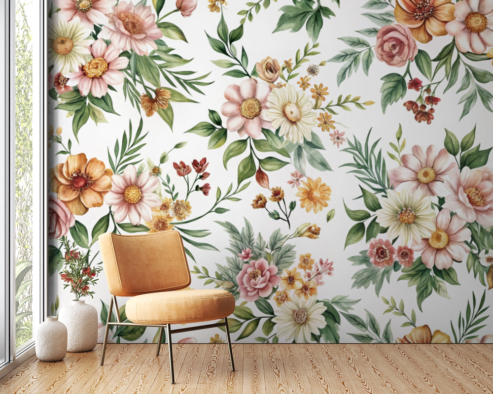 Papier peint fleuri - millefleurs champêtre frais
