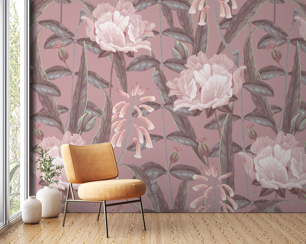 Papier peint fleuri - lin gravé rétro