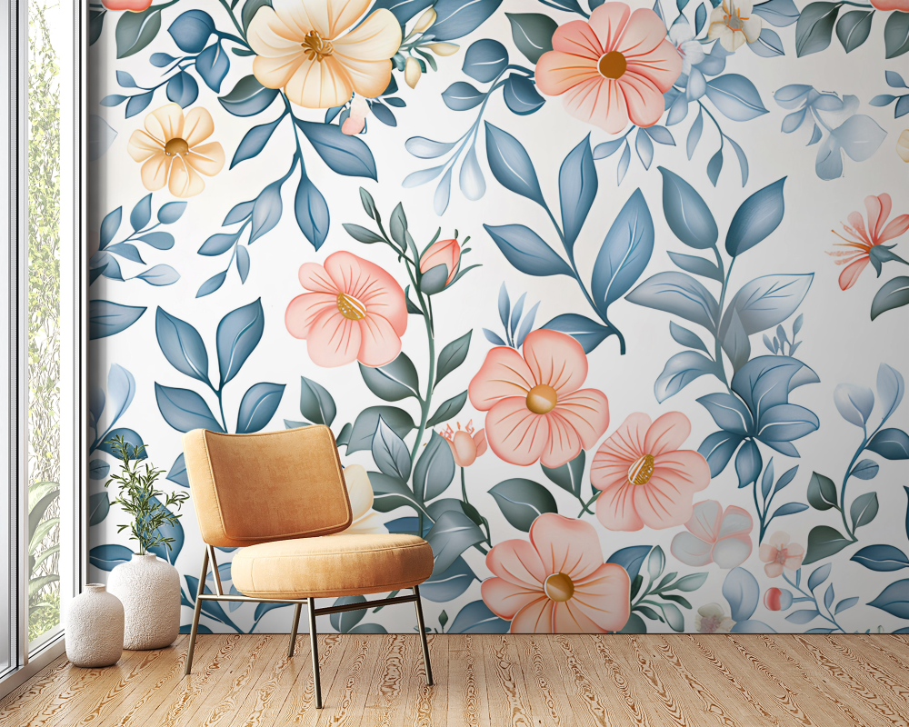 Papier peint fleuri - aquarelle champêtre bleue