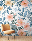 Papier peint fleuri - aquarelle champêtre bleue