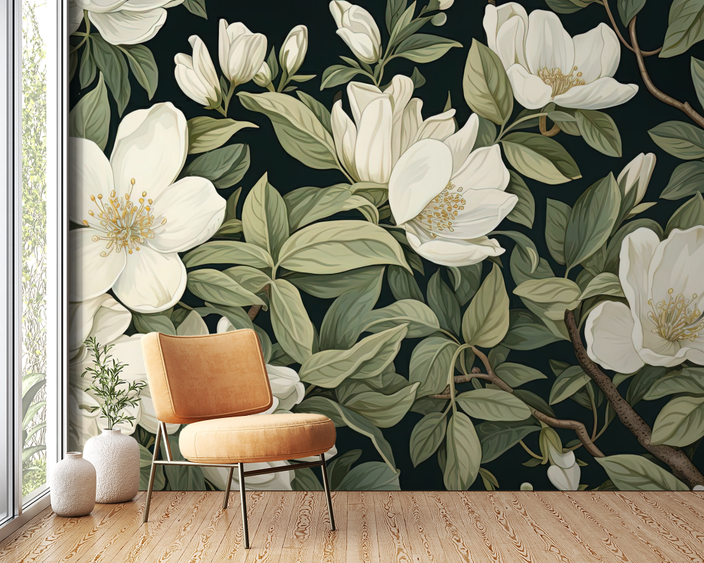 Papier peint fleuri - magnolia blanc moderne