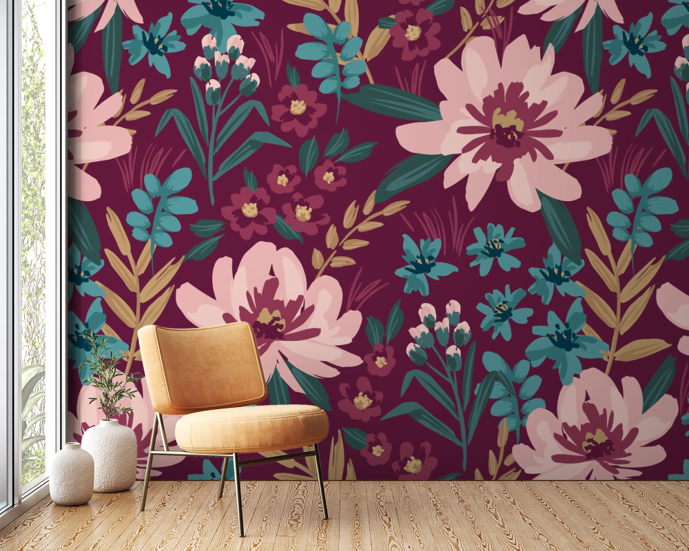 Papier peint fleuri - pivoines rétro pourpres